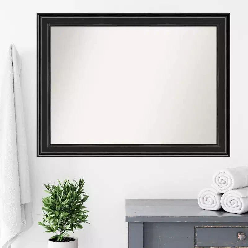 44"x33" Non-Beveled Bathroom Wall Mirror with Ridge Black Frame
