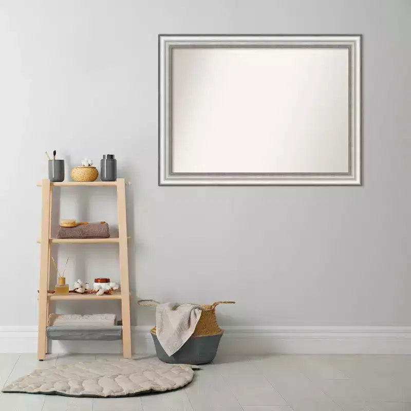 43"x32" Non-Beveled Bathroom Wall Mirror with Brushed Silver Frame