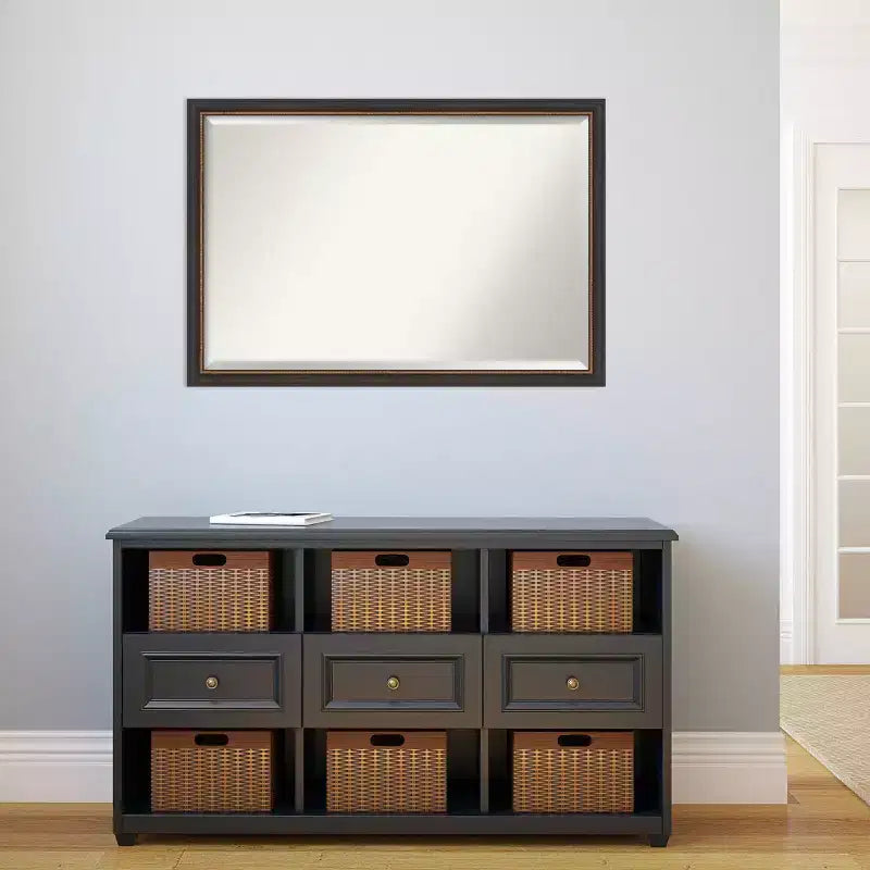 39"x27" Beveled Wall Mirror with Black Wood Frame & Gold Bead Edge