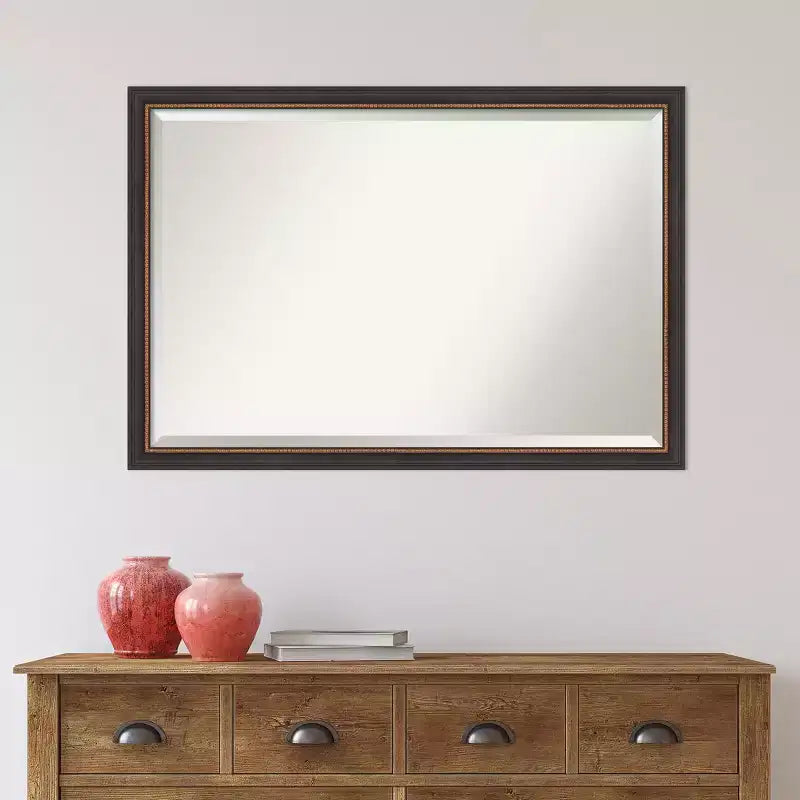 39"x27" Beveled Wall Mirror with Black Wood Frame & Gold Bead Edge
