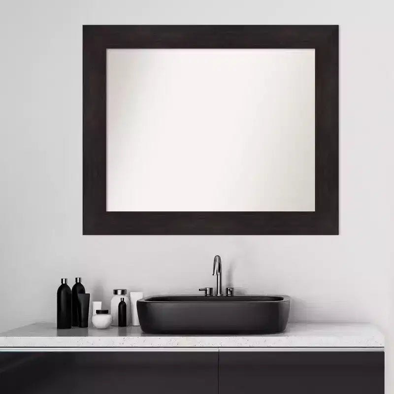 34"x28" Non-Beveled Bathroom Wall Mirror with Espresso Brown Frame