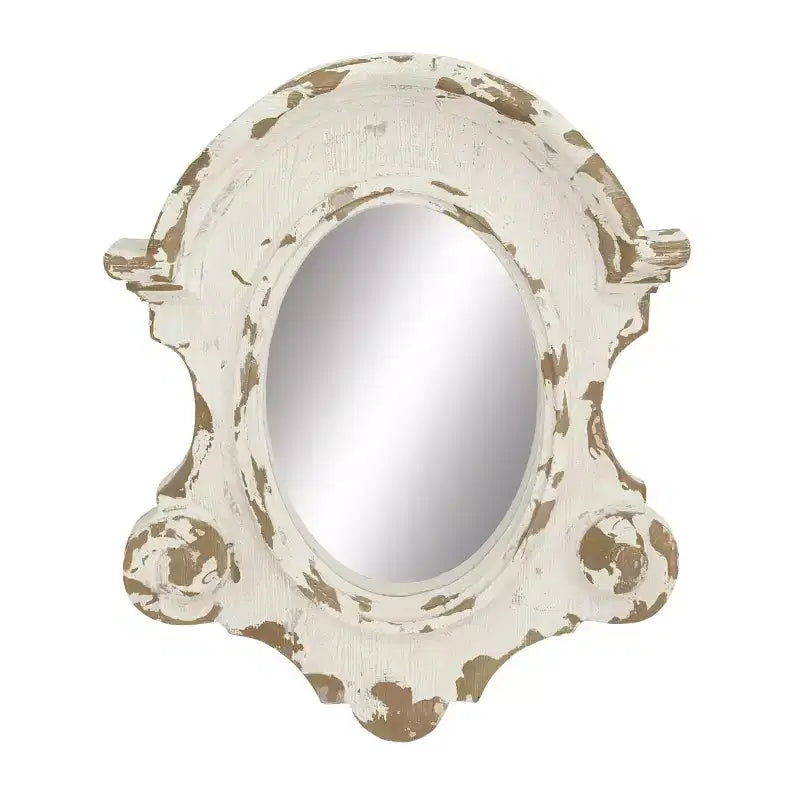 43"x35" Carved Oval Wall Mirror with Distressed Antique White Frame
