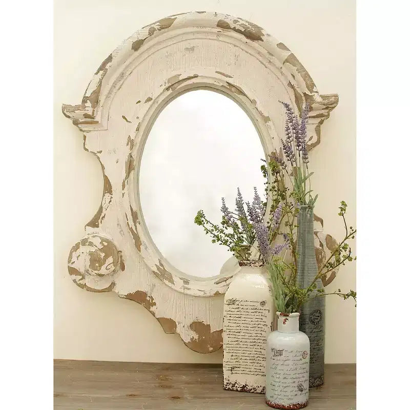 43"x35" Carved Oval Wall Mirror with Distressed Antique White Frame