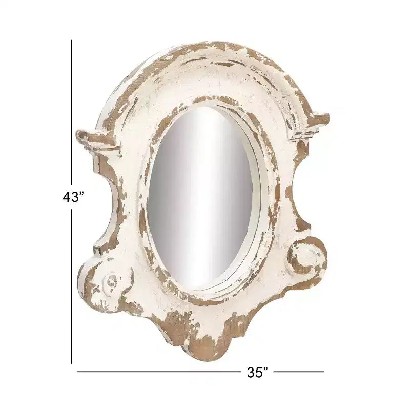 43"x35" Carved Oval Wall Mirror with Distressed Antique White Frame