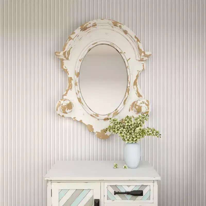 43"x35" Carved Oval Wall Mirror with Distressed Antique White Frame