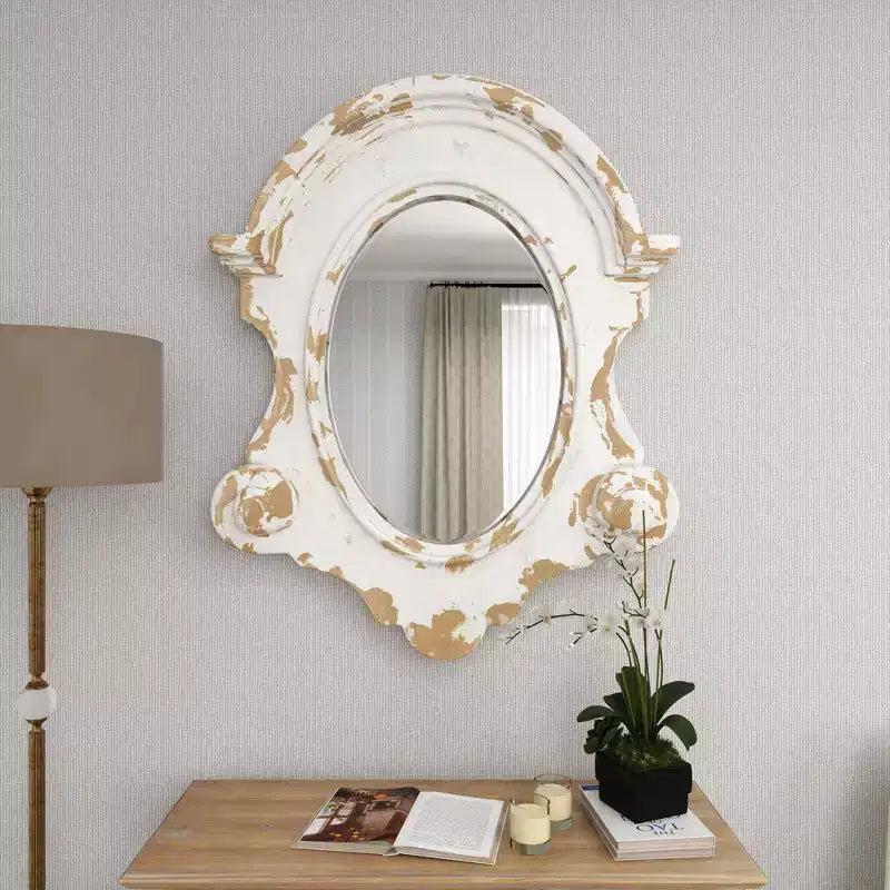 43"x35" Carved Oval Wall Mirror with Distressed Antique White Frame