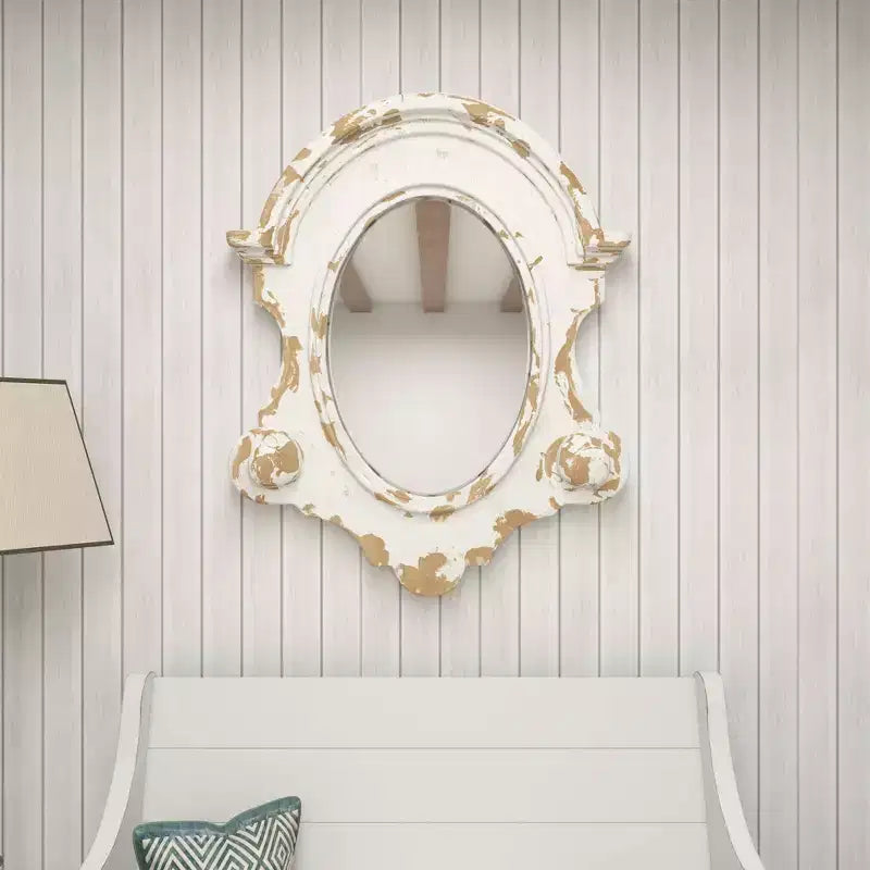 43"x35" Carved Oval Wall Mirror with Distressed Antique White Frame