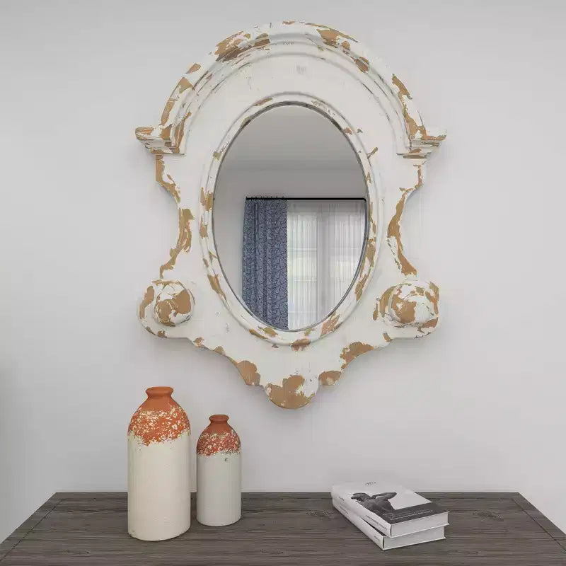 43"x35" Carved Oval Wall Mirror with Distressed Antique White Frame