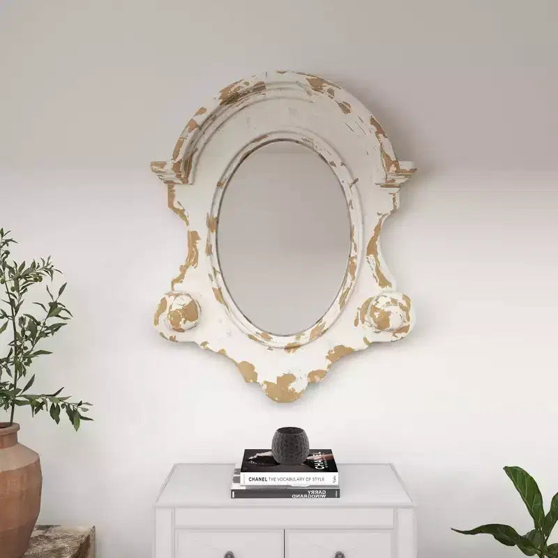 43"x35" Carved Oval Wall Mirror with Distressed Antique White Frame