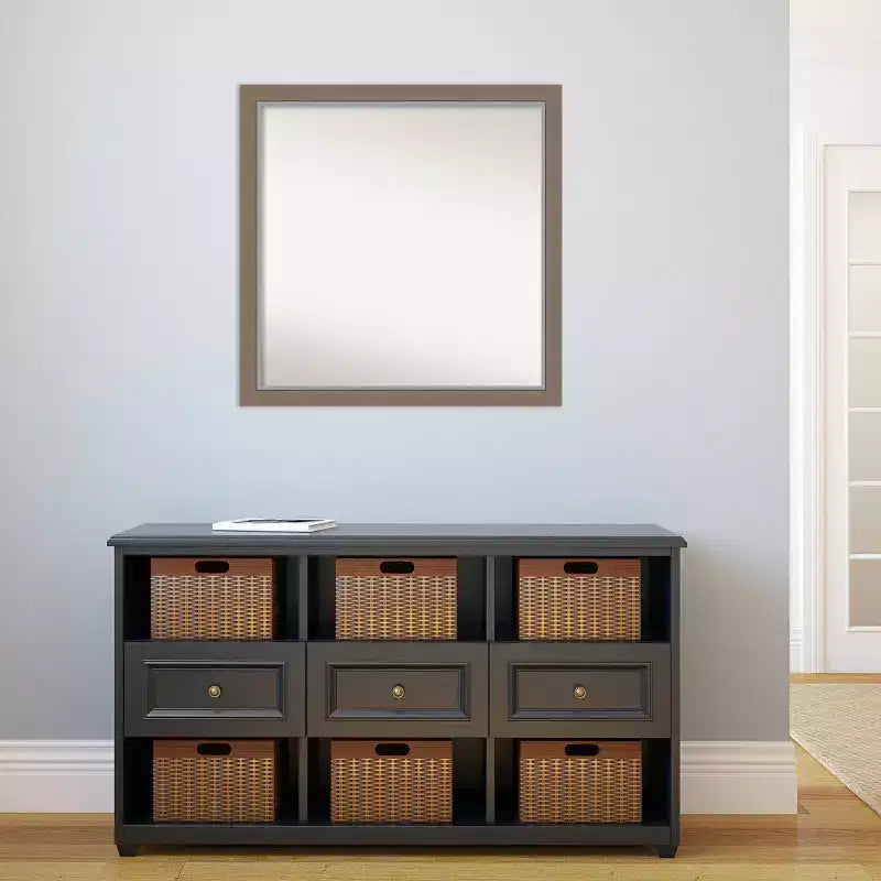 29"x29" Non-Beveled Square Wall Mirror with Brown Narrow Frame
