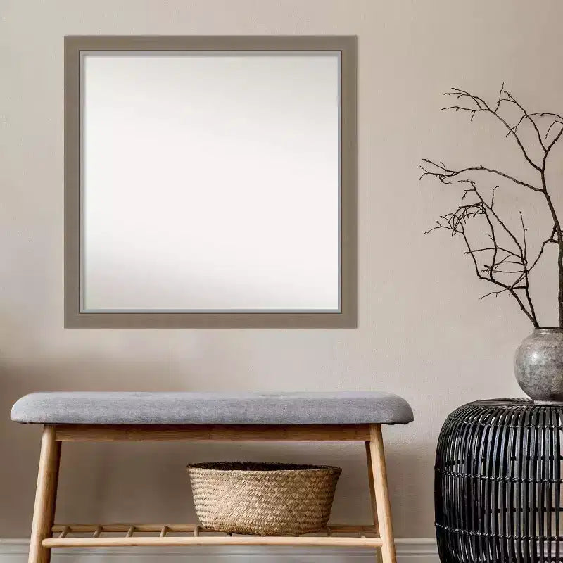 29"x29" Non-Beveled Square Wall Mirror with Brown Narrow Frame