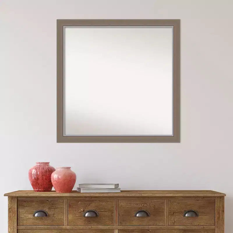 29"x29" Non-Beveled Square Wall Mirror with Brown Narrow Frame