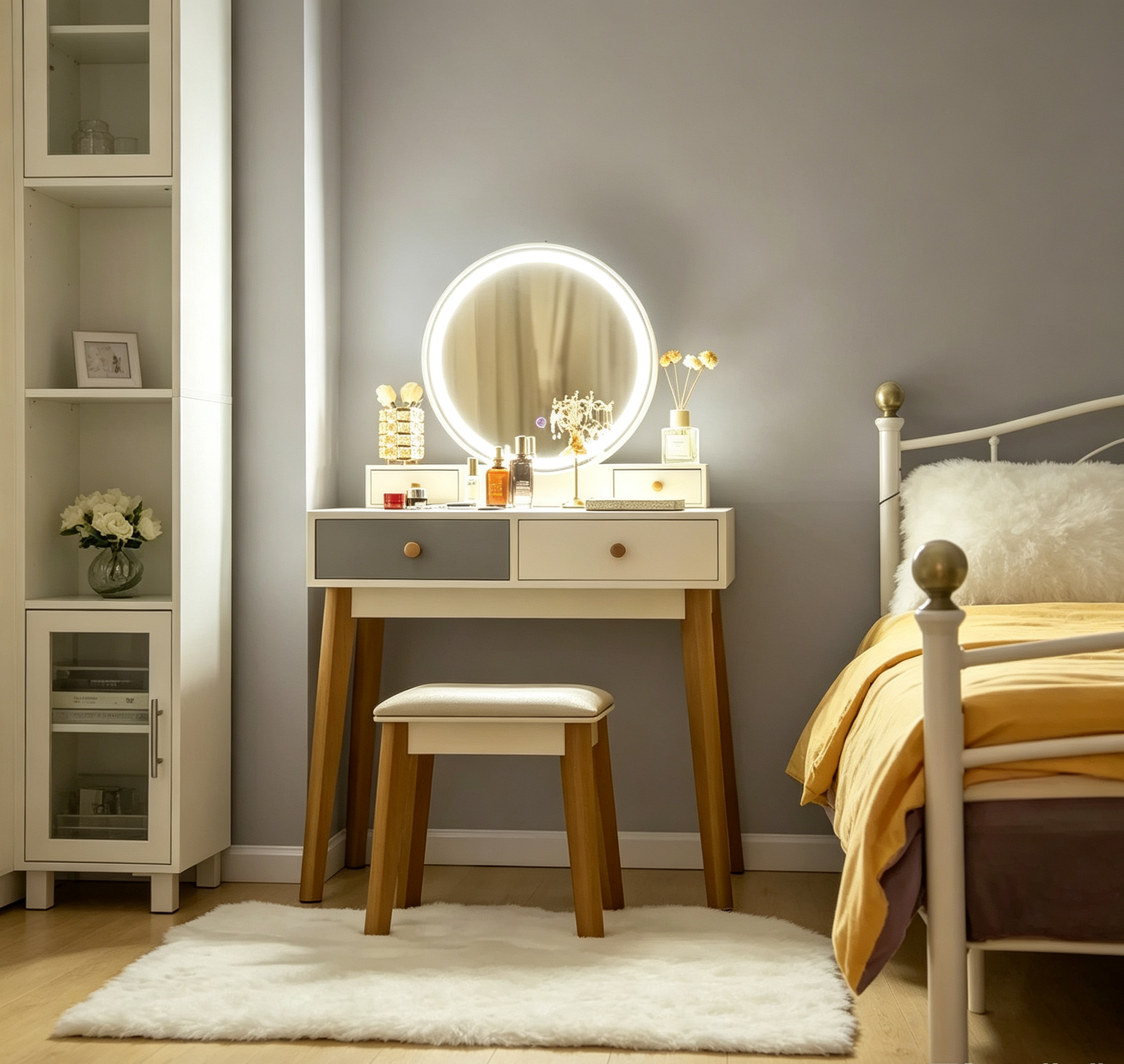 Coiffeuse avec 3 modes d'éclairage, tabouret de maquillage et rangement à bijoux