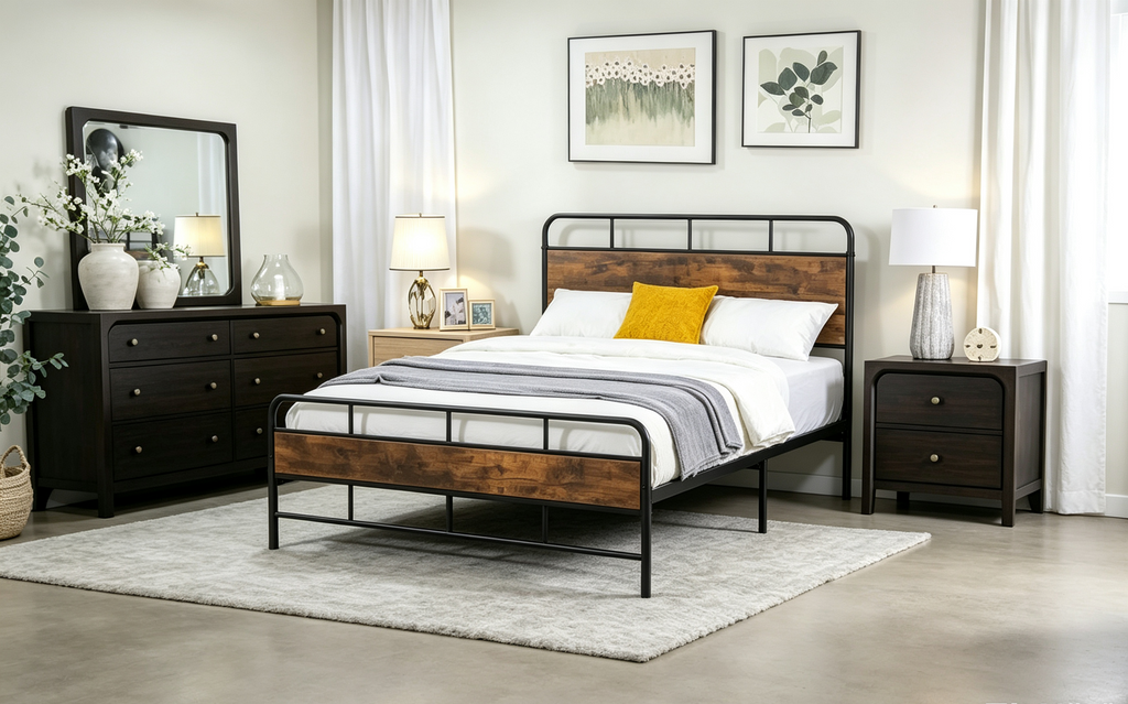 Lit plateforme industriel grand/queen avec tête de lit en bois rustique