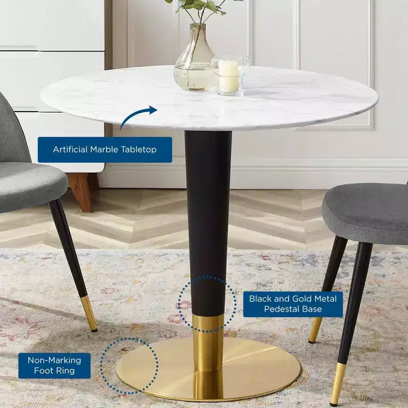 36" Round Artificial Marble Dining Table with Gold Pedestal Base