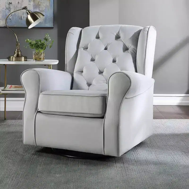 35" Gray Fabric Swivel Accent Chair with Button-Tufted Back