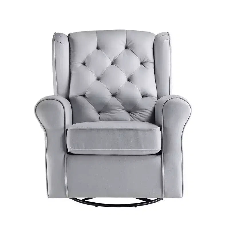 35" Gray Fabric Swivel Accent Chair with Button-Tufted Back