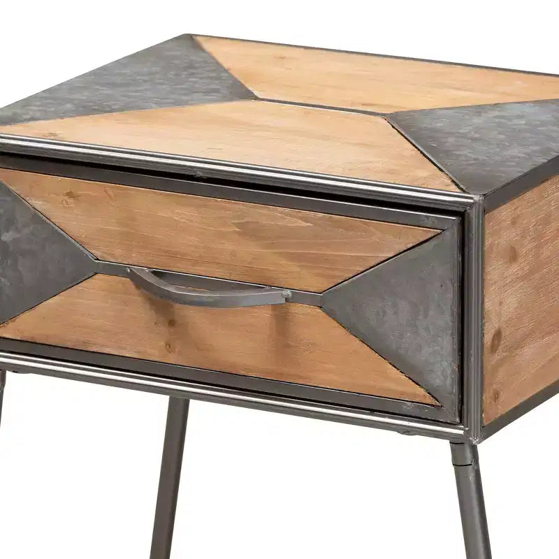 Metal and Wood 1-Drawer Nightstand in Gray/Brown