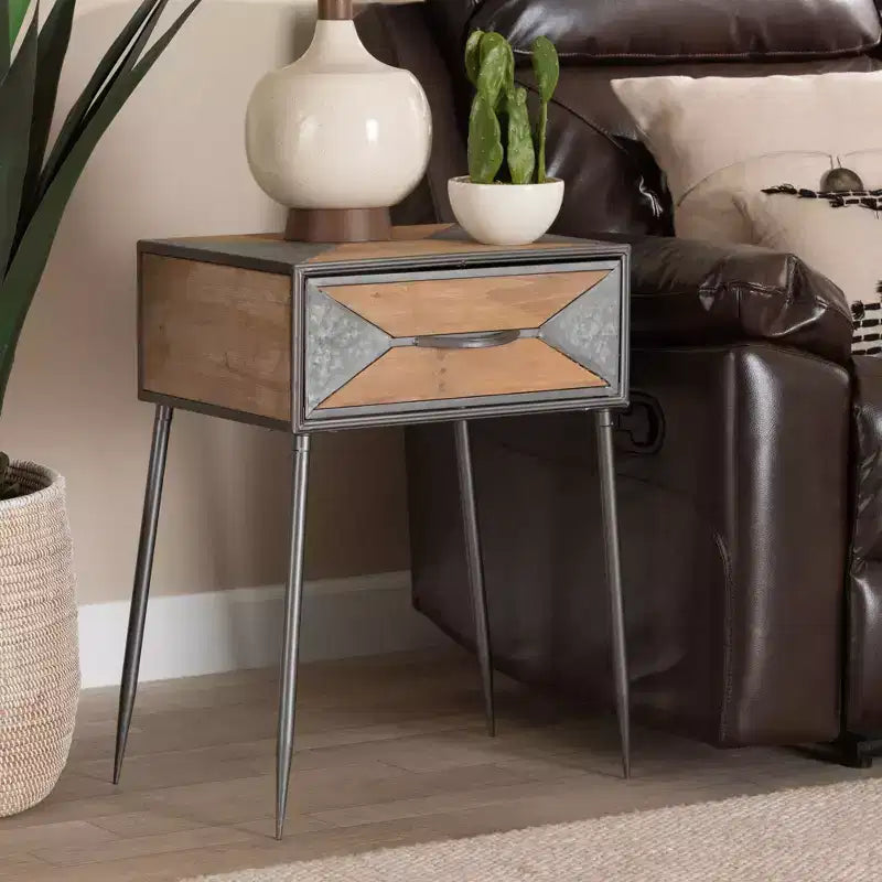 Metal and Wood 1-Drawer Nightstand in Gray/Brown