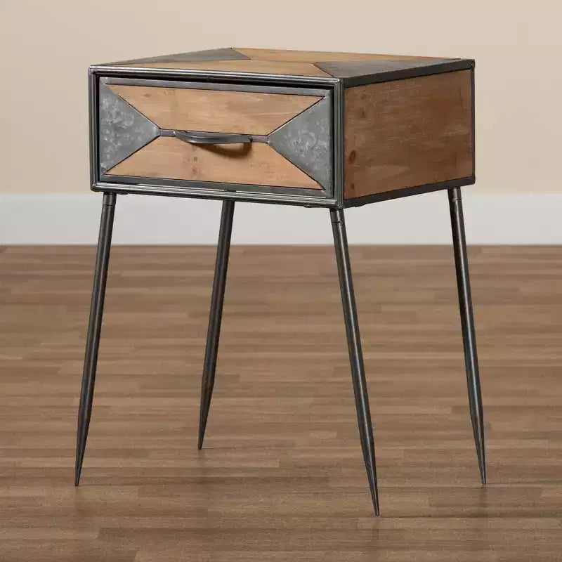 Metal and Wood 1-Drawer Nightstand in Gray/Brown