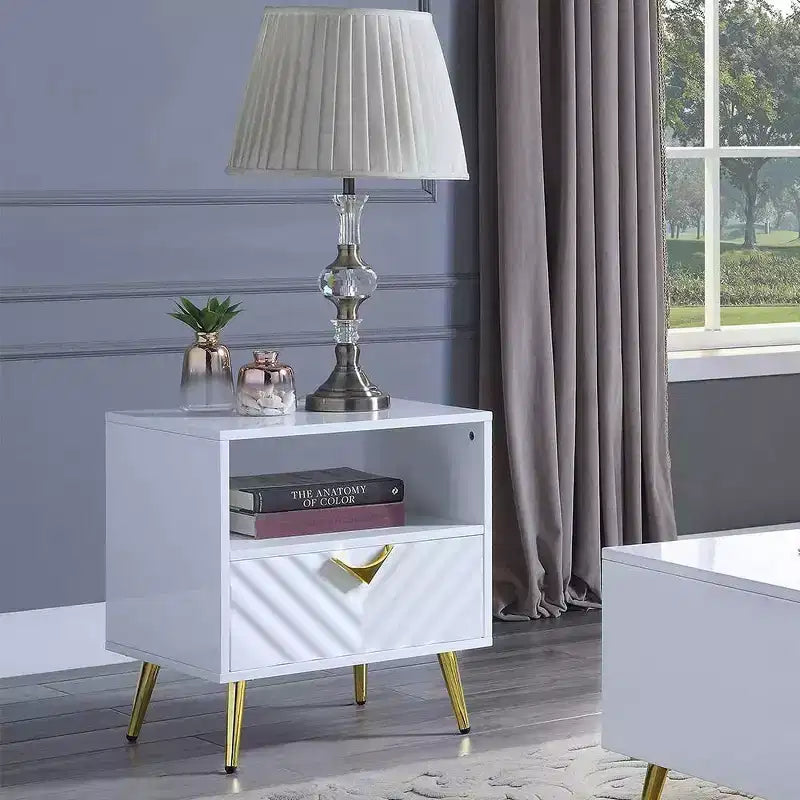 20" White High Gloss Mid-Century End Table with Gold Legs & Storage Shelf