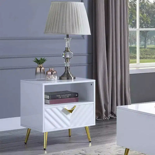 20" White High Gloss Mid-Century End Table with Gold Legs & Storage Shelf