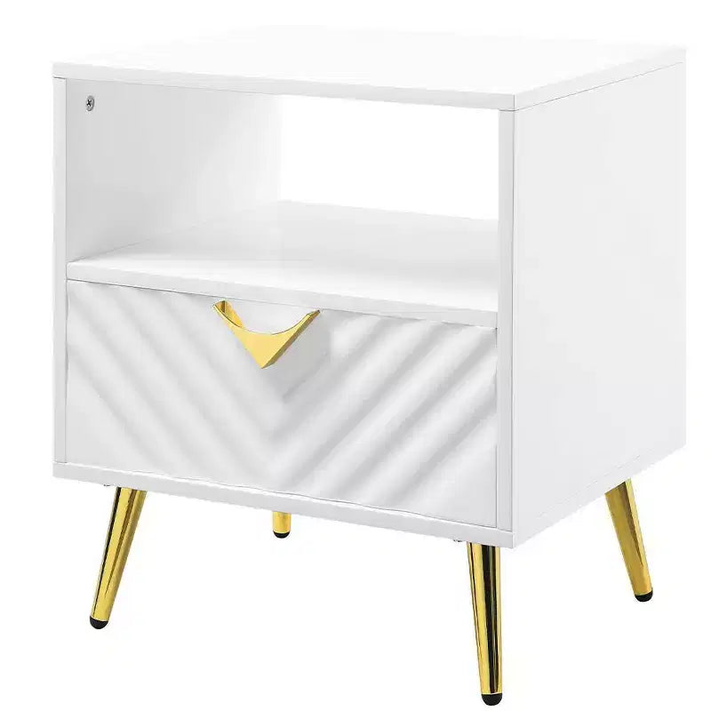 20" White High Gloss Mid-Century End Table with Gold Legs & Storage Shelf