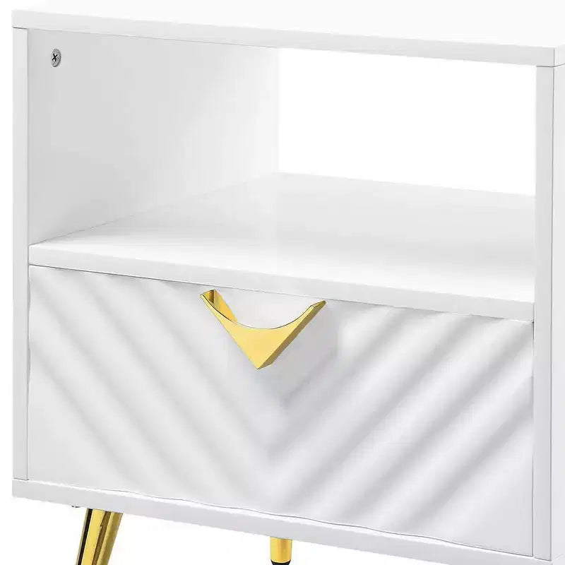 20" White High Gloss Mid-Century End Table with Gold Legs & Storage Shelf