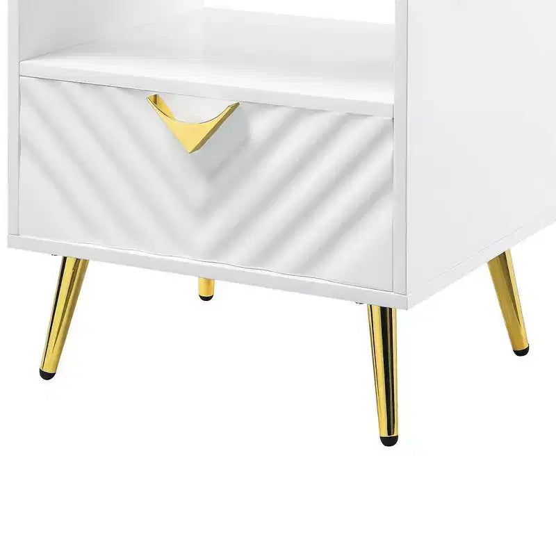 20" White High Gloss Mid-Century End Table with Gold Legs & Storage Shelf