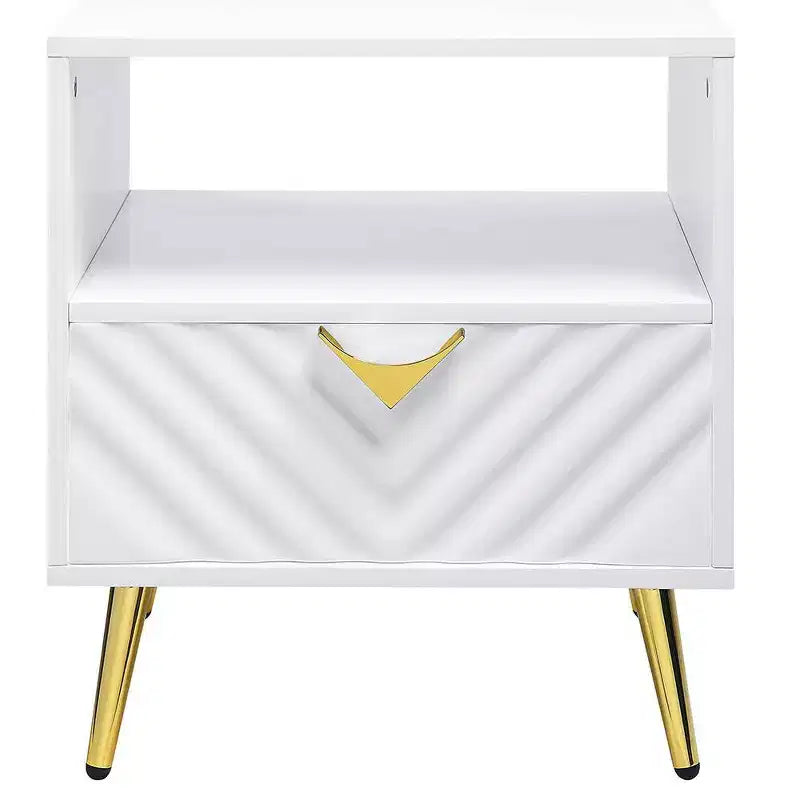 20" White High Gloss Mid-Century End Table with Gold Legs & Storage Shelf