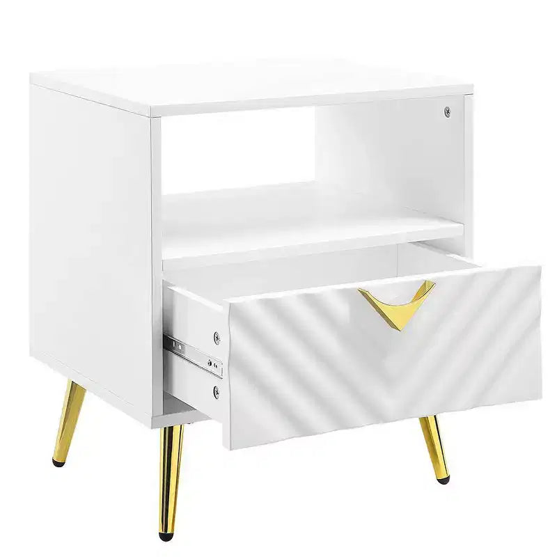 20" White High Gloss Mid-Century End Table with Gold Legs & Storage Shelf