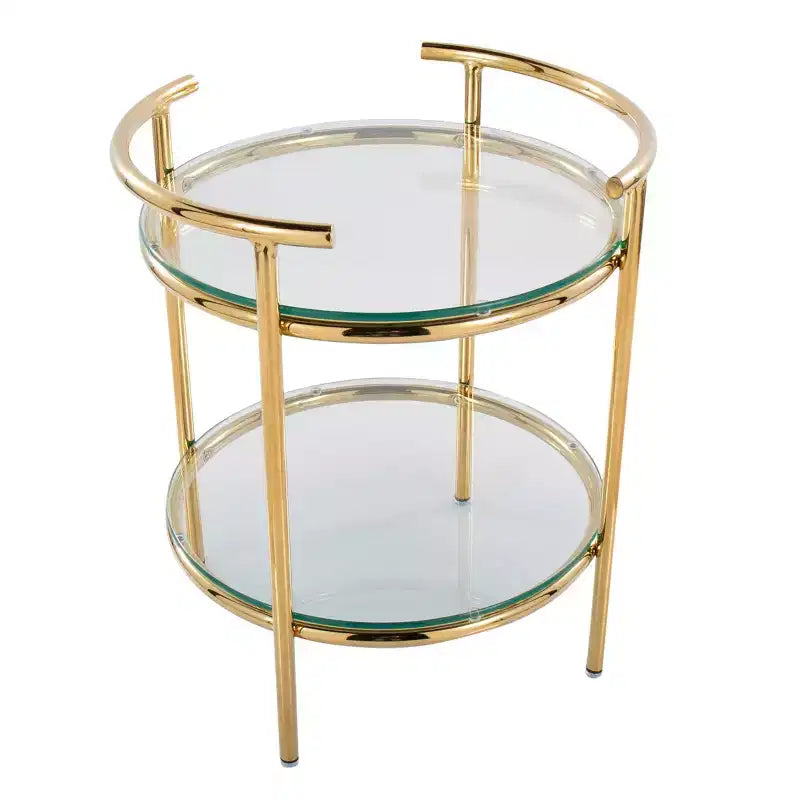 Art Deco Tiered Oval Side Table with Gold Frame & Clear Glass Tops