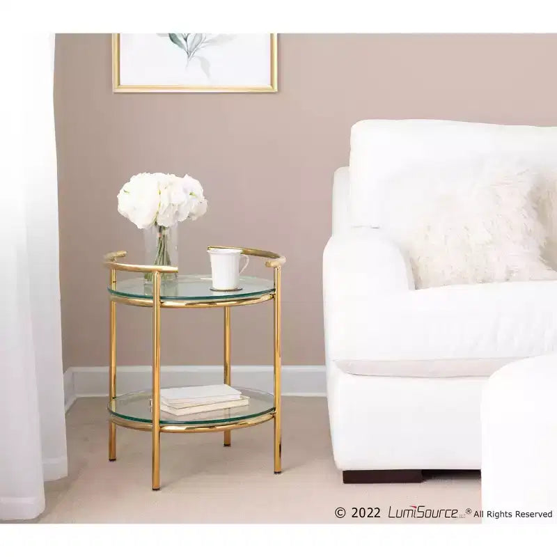 Art Deco Tiered Oval Side Table with Gold Frame & Clear Glass Tops