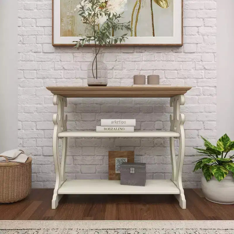 Farmhouse Wood Console Table with 2 Shelves, Off White