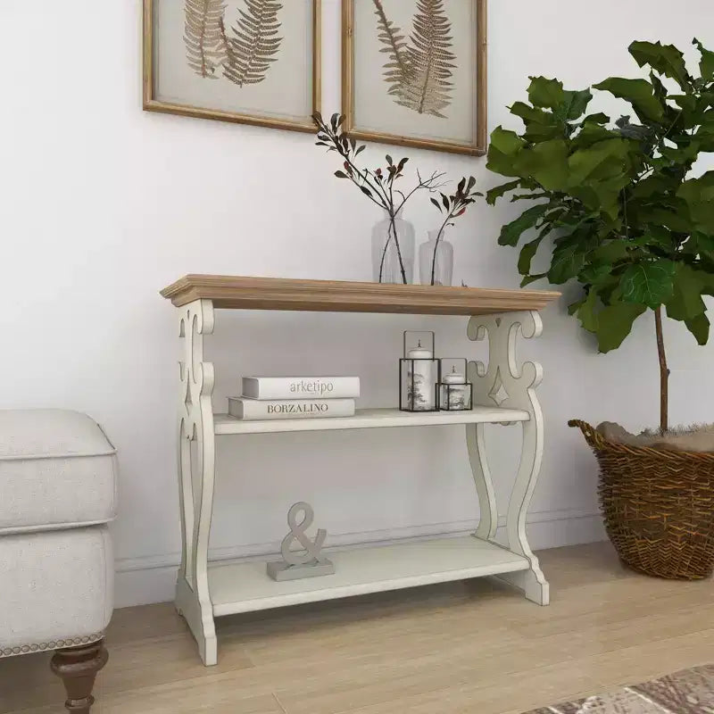 Farmhouse Wood Console Table with 2 Shelves, Off White