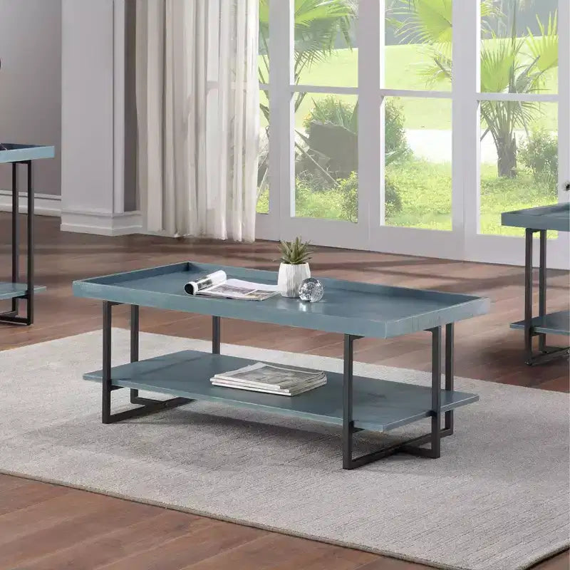 Rectangular Coffee Table with Open Shelf in Blue & Black