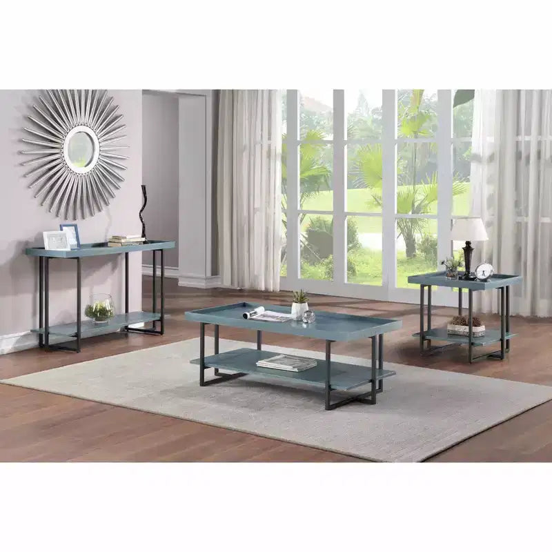 Rectangular Coffee Table with Open Shelf in Blue & Black