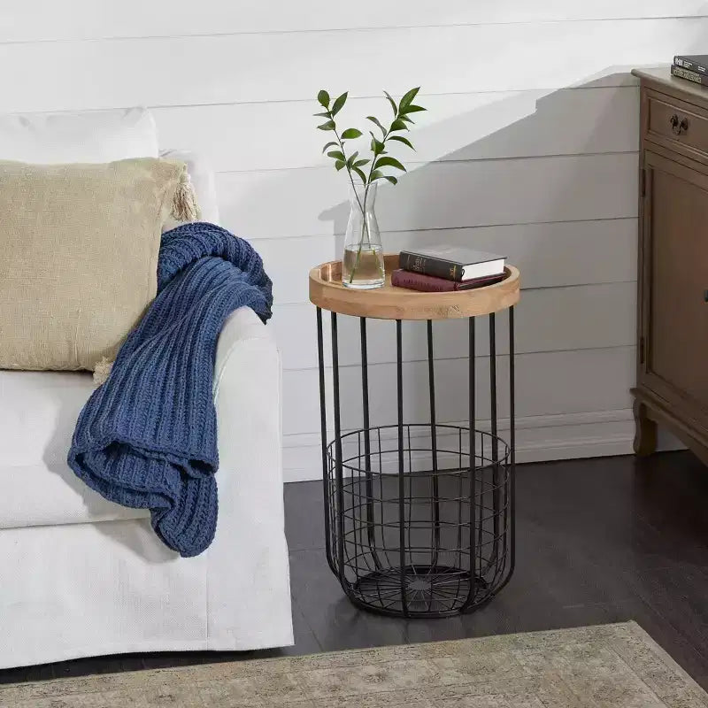 Industrial Round Metal Accent Table in Black with Basket Base