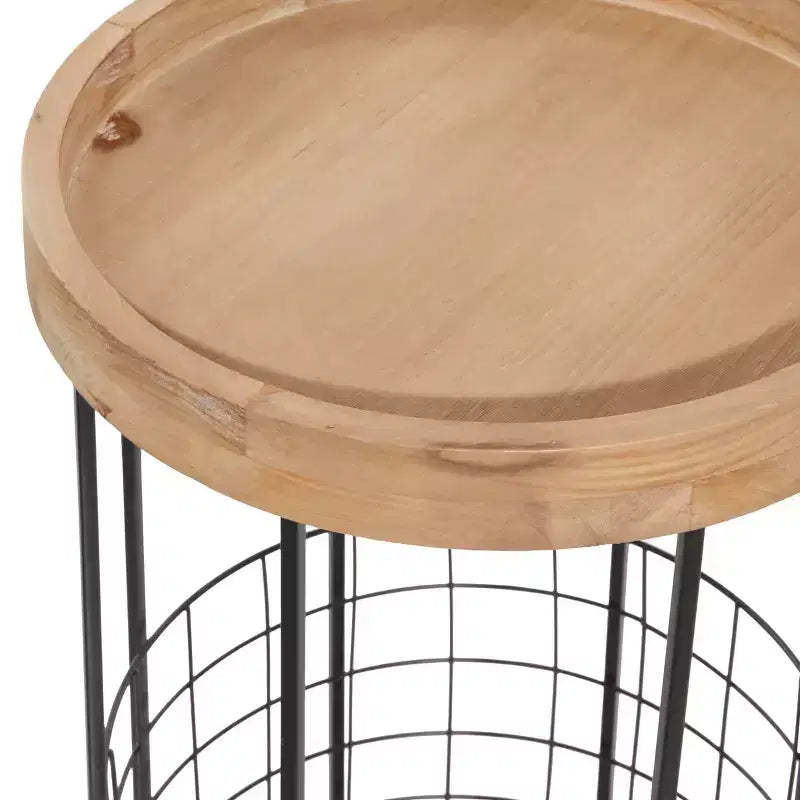 Industrial Round Metal Accent Table in Black with Basket Base