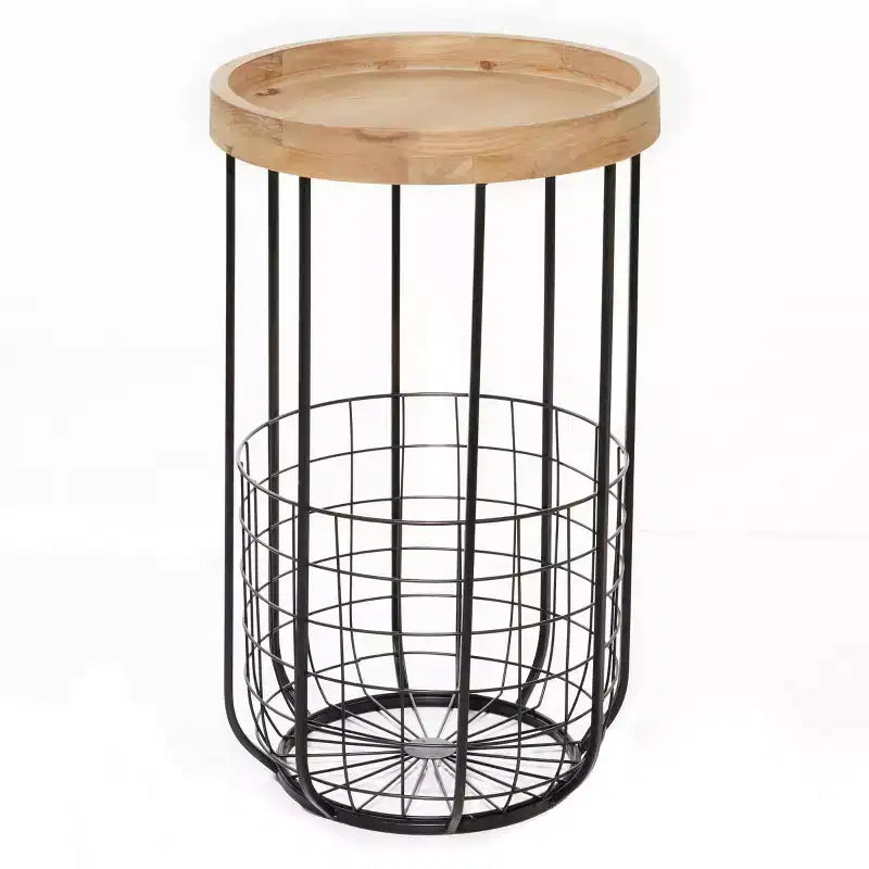 Industrial Round Metal Accent Table in Black with Basket Base