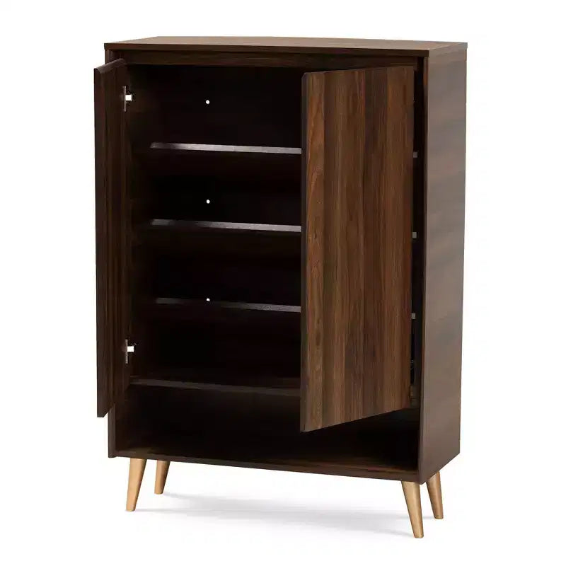 Mid-Century Modern 2-Door Shoe Storage Cabinet in Walnut Brown & Gold