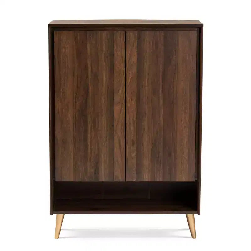 Mid-Century Modern 2-Door Shoe Storage Cabinet in Walnut Brown & Gold