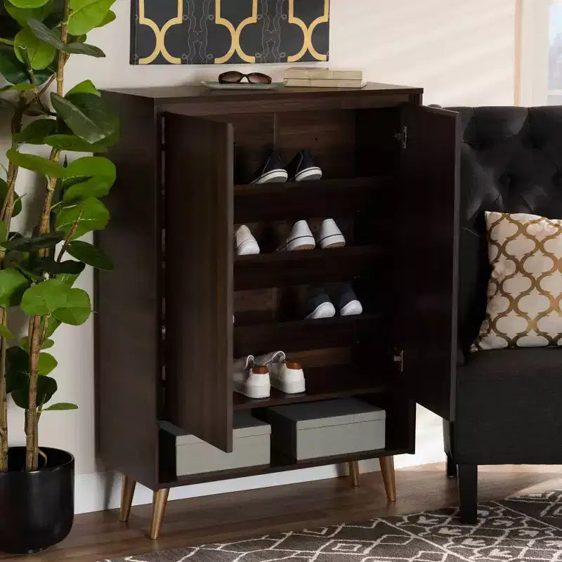 Mid-Century Modern 2-Door Shoe Storage Cabinet in Walnut Brown & Gold