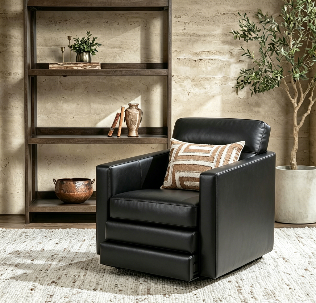 Large Fauteuil Pivotant d'Appoint en Cuir Véritable avec Piètement en Métal