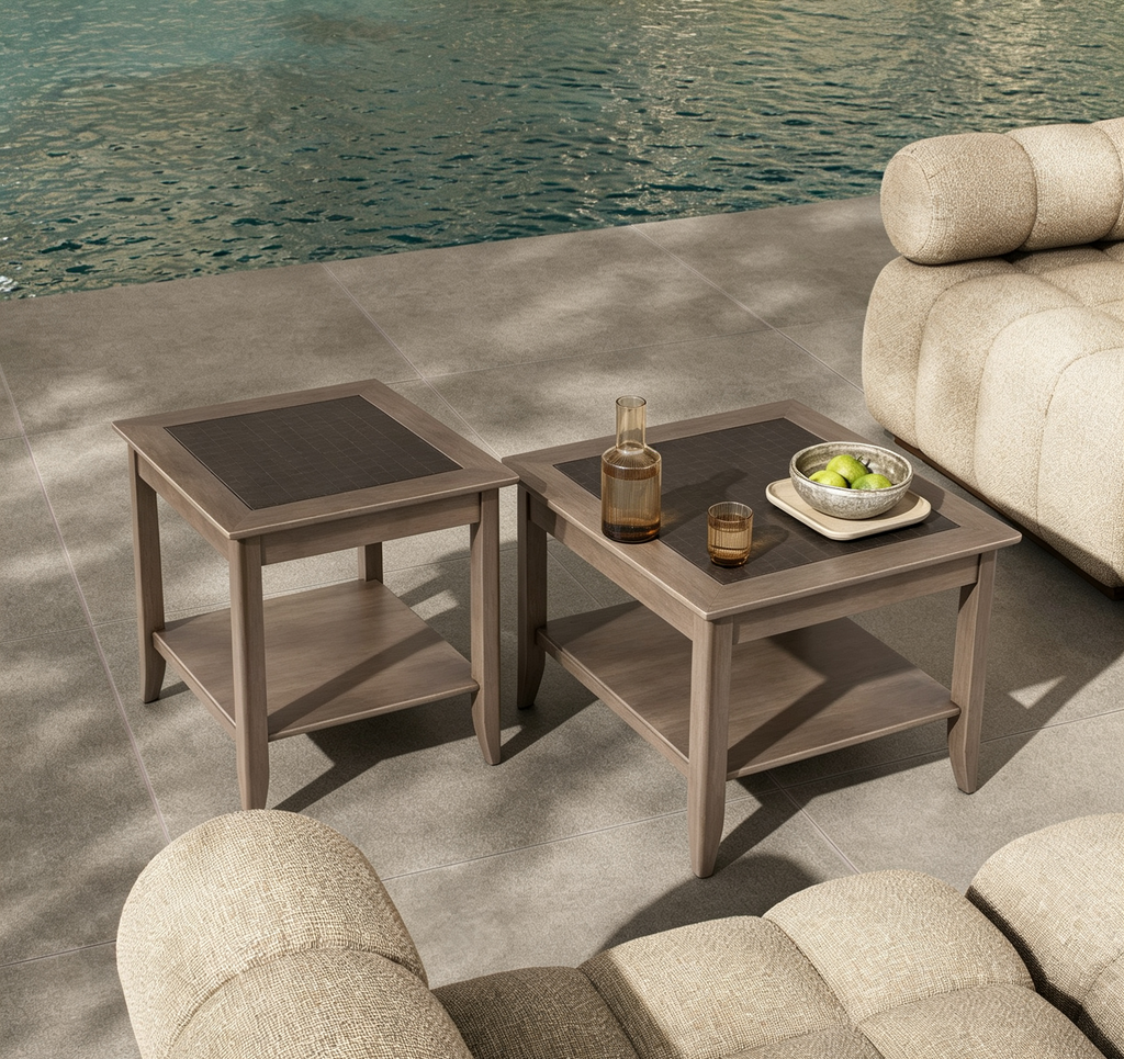 Table d'appoint gris huître avec incrustation de bois