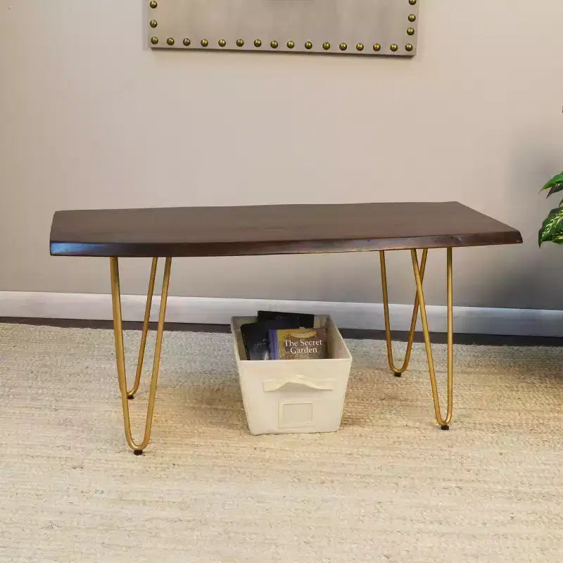 Live Edge Coffee Table / Bench with Gold Hairpin Legs
