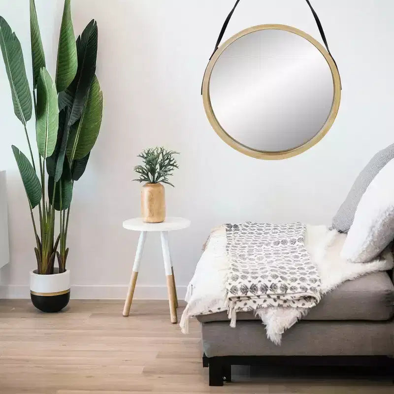 21" Round Wall Mirror with Light Woodgrain Finish