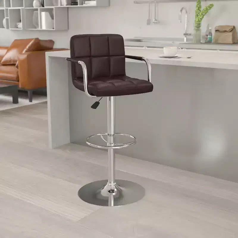 Quilted Vinyl Adjustable Height Barstool with Arms & Chrome Base