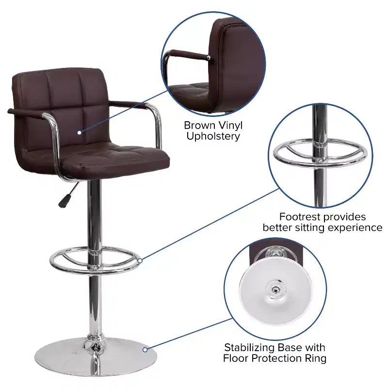 Quilted Vinyl Adjustable Height Barstool with Arms & Chrome Base