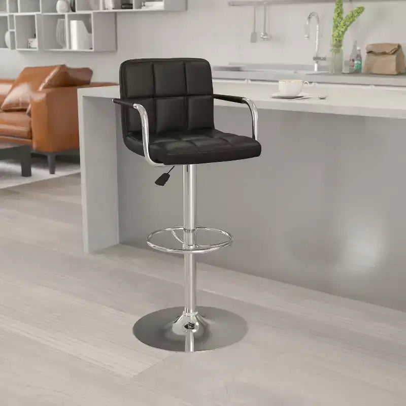 Quilted Vinyl Adjustable Height Barstool with Arms & Chrome Base